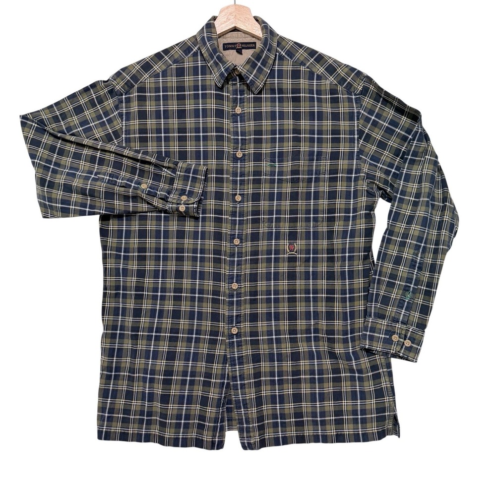 Tommy Hilfiger Mens Plaid Shirt Medium Vintage 90s Crest Preppy Grandpa
